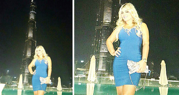 مادلين مطر قنبلة جمال وإثارة بفستان أزرق قصير أمام برج خليفة
