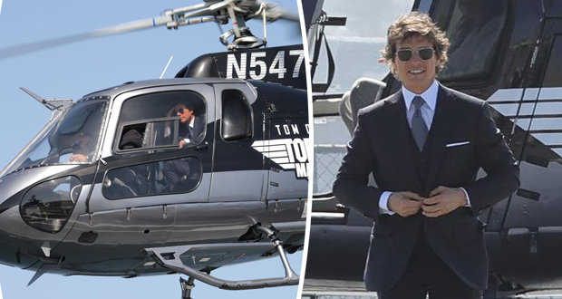 توم كروز يصل بطائرة هليكوبتر إلى العرض الخاص لفيلم Top Gun: Maverick